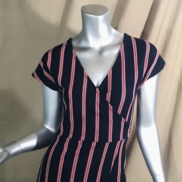 Rebel Sugar Women's Small Striped Blue Red Short Body-con Style Dress Faux Wrap - Picture 2 of 16